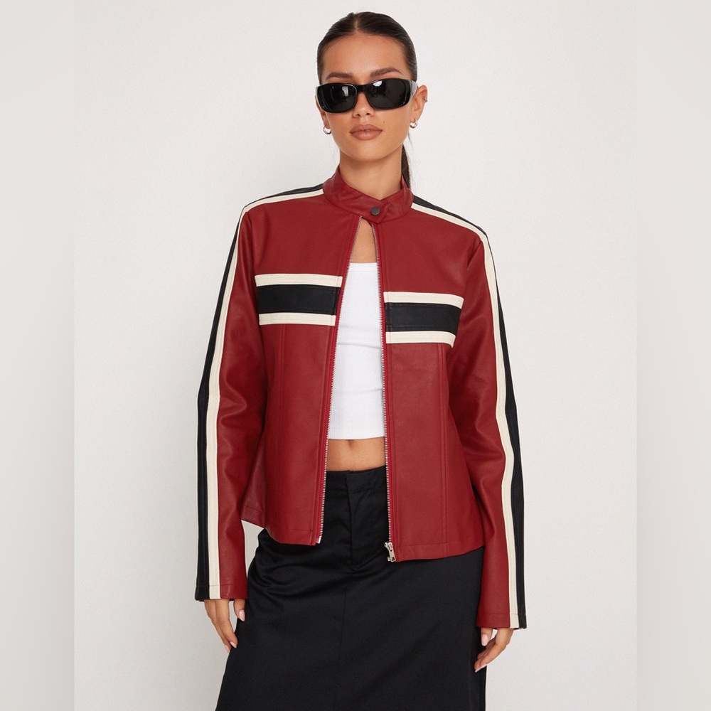 Brand new Motel Rocks Oliver Zip Up Jacket In PU Red With Ecru Stripe size XXS